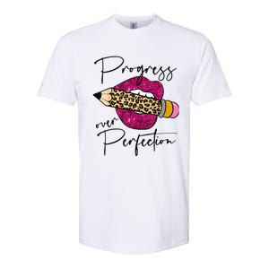 Progress Over Perfection Leopard Pencil Motivational Teacher Softstyle CVC T-Shirt