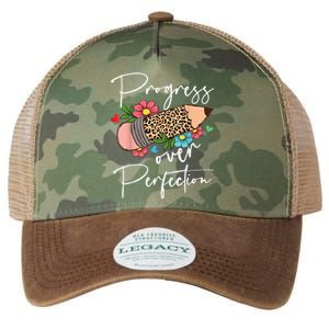 Progress Over Perfection Leopard Pencil Motivational Teacher Legacy Tie Dye Trucker Hat