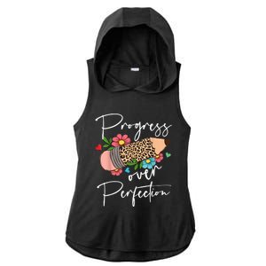 Progress Over Perfection Leopard Pencil Motivational Teacher Ladies PosiCharge Tri-Blend Wicking Draft Hoodie Tank