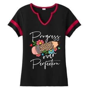 Progress Over Perfection Leopard Pencil Motivational Teacher Ladies Halftime Notch Neck Tee