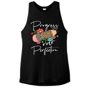 Progress Over Perfection Leopard Pencil Motivational Teacher Ladies PosiCharge Tri-Blend Wicking Tank