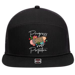 Progress Over Perfection Leopard Pencil Motivational Teacher 7 Panel Mesh Trucker Snapback Hat