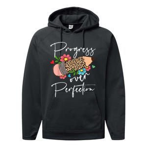 Progress Over Perfection Leopard Pencil Motivational Teacher Performance Fleece Hoodie