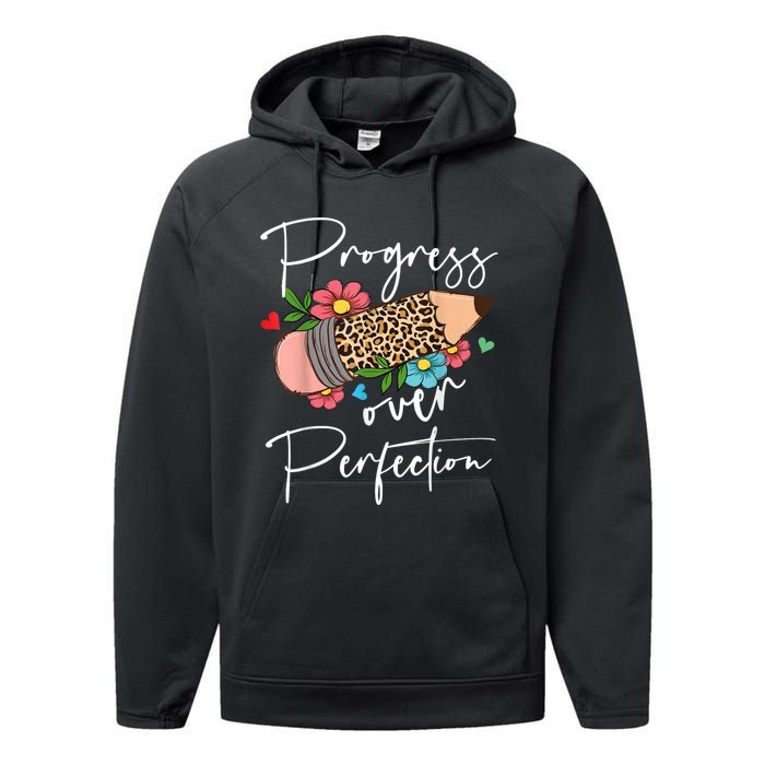 Progress Over Perfection Leopard Pencil Motivational Teacher Performance Fleece Hoodie