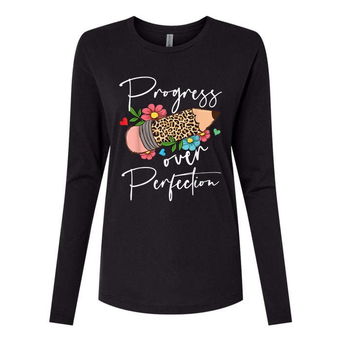 Progress Over Perfection Leopard Pencil Motivational Teacher Womens Cotton Relaxed Long Sleeve T-Shirt