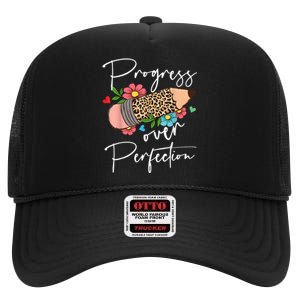 Progress Over Perfection Leopard Pencil Motivational Teacher High Crown Mesh Back Trucker Hat