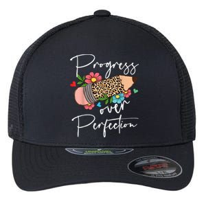 Progress Over Perfection Leopard Pencil Motivational Teacher Flexfit Unipanel Trucker Cap