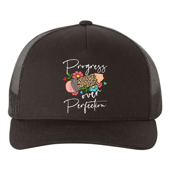 Progress Over Perfection Leopard Pencil Motivational Teacher Yupoong Adult 5-Panel Trucker Hat