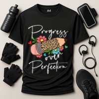 Progress Over Perfection Leopard Pencil Motivational Teacher Cooling Performance Crew T-Shirt