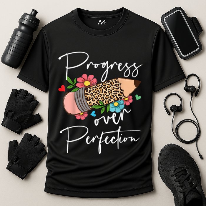 Progress Over Perfection Leopard Pencil Motivational Teacher Cooling Performance Crew T-Shirt
