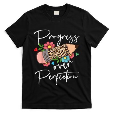 Progress Over Perfection Leopard Pencil Motivational Teacher T-Shirt