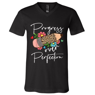 Progress Over Perfection Leopard Pencil Motivational Teacher V-Neck T-Shirt