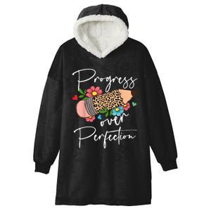 Progress Over Perfection Leopard Pencil Motivational Teacher Hooded Wearable Blanket