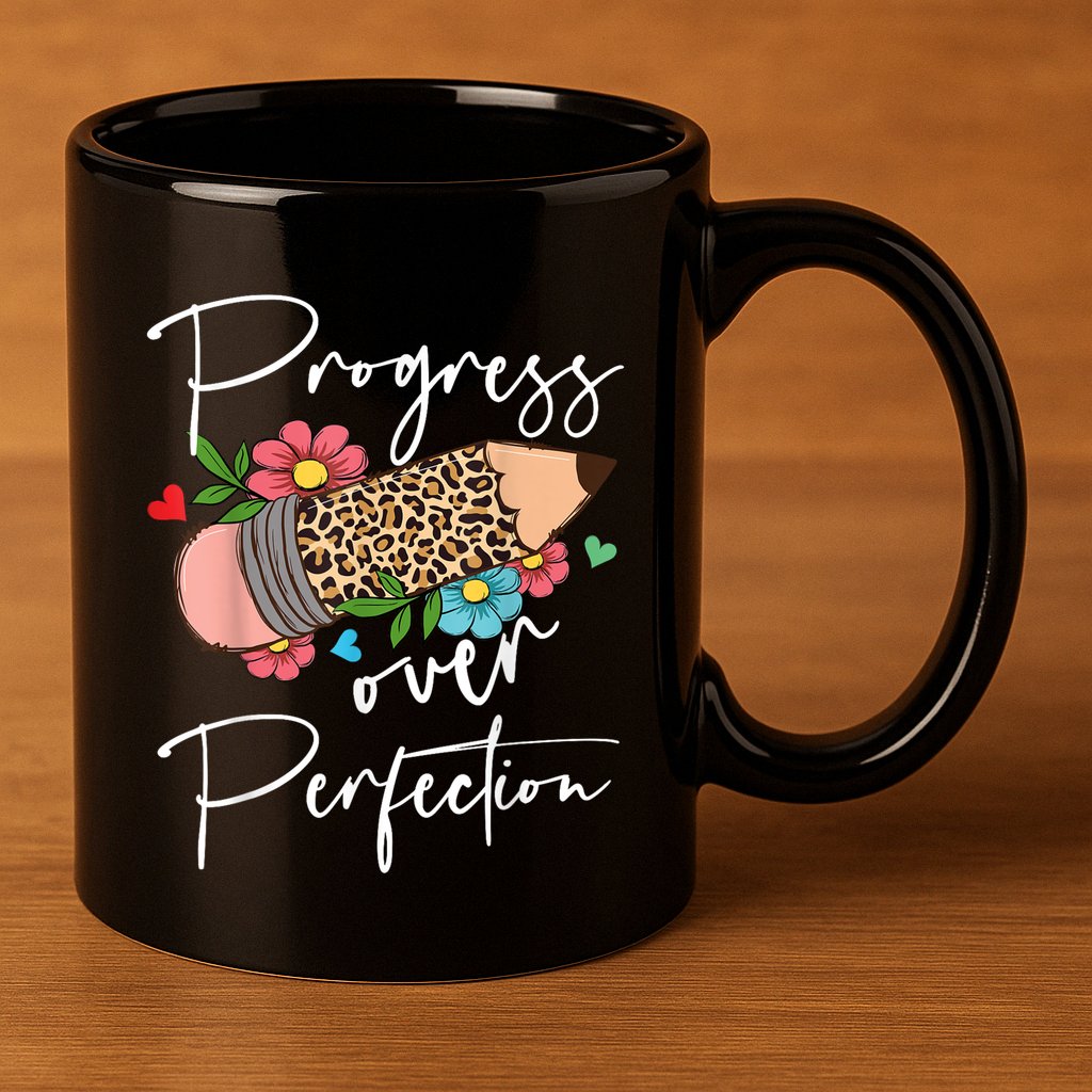 Progress Over Perfection Leopard Pencil Motivational Teacher 11oz C Handle Ceramic Mug
