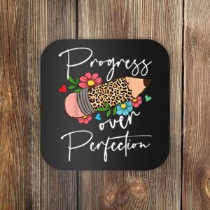 Progress Over Perfection Leopard Pencil Motivational Teacher Coaster