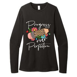 Progress Over Perfection Leopard Pencil Motivational Teacher Womens CVC Long Sleeve Shirt