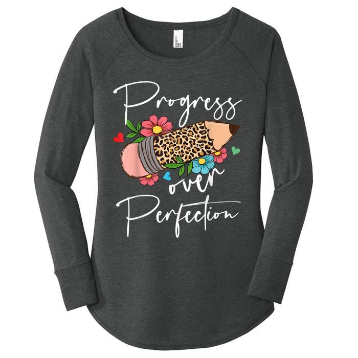 Progress Over Perfection Leopard Pencil Motivational Teacher Women's Perfect Tri Tunic Long Sleeve Shirt