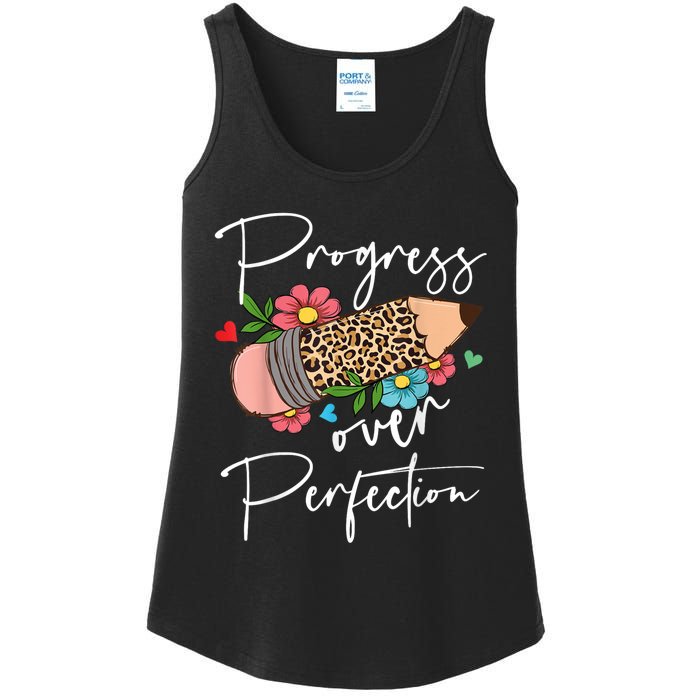 Progress Over Perfection Leopard Pencil Motivational Teacher Ladies Essential Tank