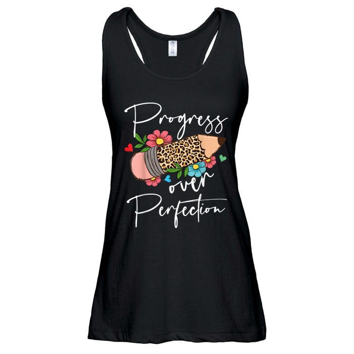 Progress Over Perfection Leopard Pencil Motivational Teacher Ladies Essential Flowy Tank