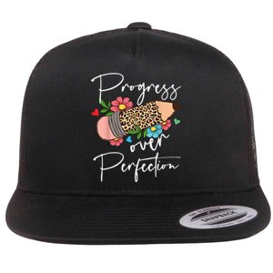 Progress Over Perfection Leopard Pencil Motivational Teacher Flat Bill Trucker Hat