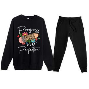 Progress Over Perfection Leopard Pencil Motivational Teacher Premium Crewneck Sweatsuit Set