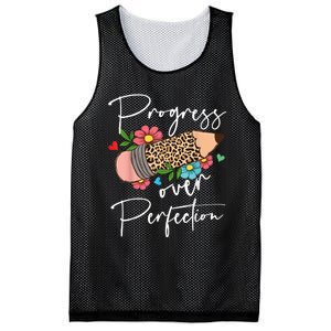 Progress Over Perfection Leopard Pencil Motivational Teacher Mesh Reversible Basketball Jersey Tank