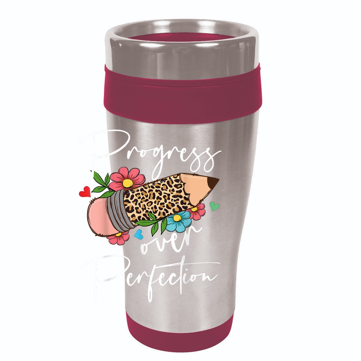 Progress Over Perfection Leopard Pencil Motivational Teacher 12oz Stainless Steel Coffee Mug