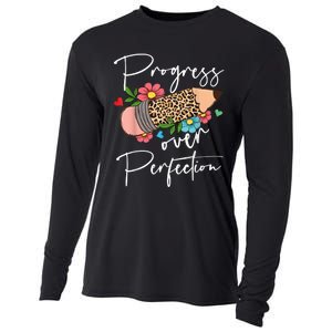 Progress Over Perfection Leopard Pencil Motivational Teacher Cooling Performance Long Sleeve Crew