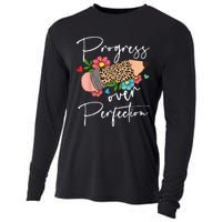 Progress Over Perfection Leopard Pencil Motivational Teacher Cooling Performance Long Sleeve Crew