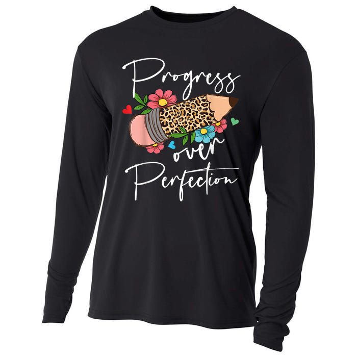 Progress Over Perfection Leopard Pencil Motivational Teacher Cooling Performance Long Sleeve Crew