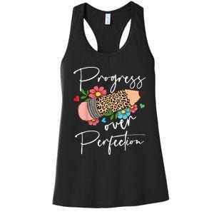 Progress Over Perfection Leopard Pencil Motivational Teacher Women's Racerback Tank