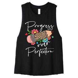 Progress Over Perfection Leopard Pencil Motivational Teacher Women's Racerback Cropped Tank