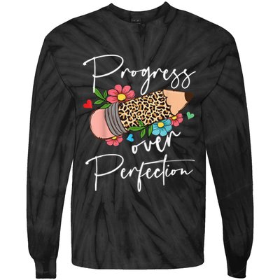 Progress Over Perfection Leopard Pencil Motivational Teacher Tie-Dye Long Sleeve Shirt