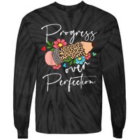 Progress Over Perfection Leopard Pencil Motivational Teacher Tie-Dye Long Sleeve Shirt