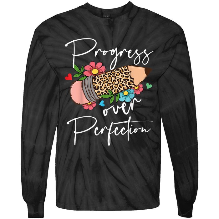 Progress Over Perfection Leopard Pencil Motivational Teacher Tie-Dye Long Sleeve Shirt