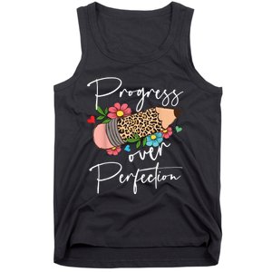 Progress Over Perfection Leopard Pencil Motivational Teacher Tank Top