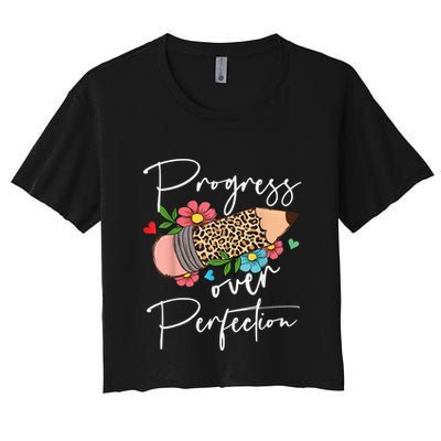 Progress Over Perfection Leopard Pencil Motivational Teacher Crop Top