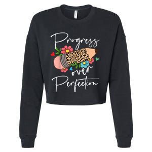 Progress Over Perfection Leopard Pencil Motivational Teacher Cropped Pullover Crew