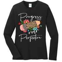 Progress Over Perfection Leopard Pencil Motivational Teacher Ladies Long Sleeve Shirt