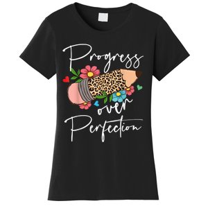 Progress Over Perfection Leopard Pencil Motivational Teacher Women's T-Shirt