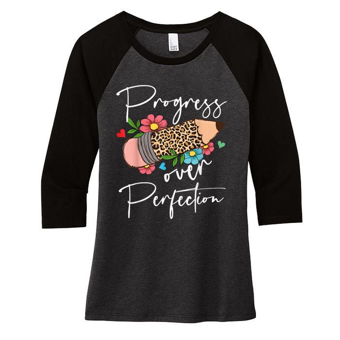 Progress Over Perfection Leopard Pencil Motivational Teacher Women's Tri-Blend 3/4-Sleeve Raglan Shirt