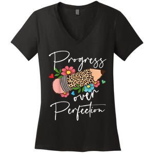 Progress Over Perfection Leopard Pencil Motivational Teacher Women's V-Neck T-Shirt