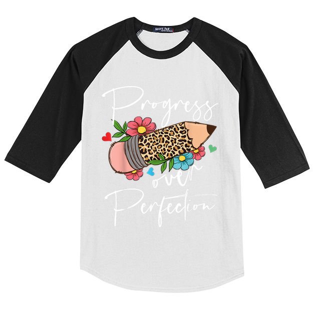 Progress Over Perfection Leopard Pencil Motivational Teacher Kids Colorblock Raglan Jersey
