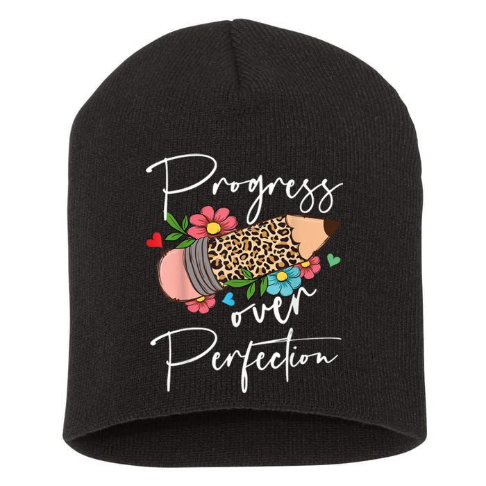 Progress Over Perfection Leopard Pencil Motivational Teacher Short Acrylic Beanie