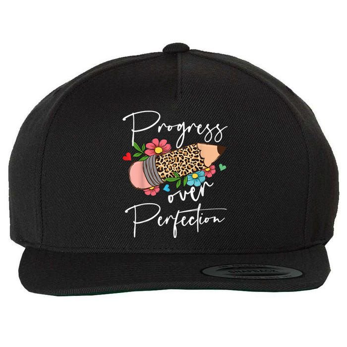 Progress Over Perfection Leopard Pencil Motivational Teacher Wool Snapback Cap