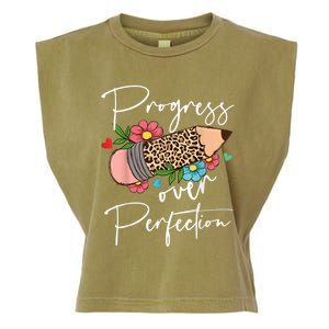 Progress Over Perfection Leopard Pencil Motivational Teacher Garment-Dyed Women's Muscle Tee