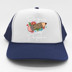 Progress Over Perfection Leopard Pencil Motivational Teacher Trucker Hat