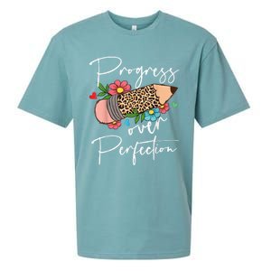 Progress Over Perfection Leopard Pencil Motivational Teacher Sueded Cloud Jersey T-Shirt