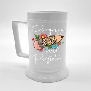 Progress Over Perfection Leopard Pencil Motivational Teacher Beer Stein