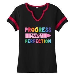 Progress Over Perfection Funny Motivational Teacher School Ladies Halftime Notch Neck Tee